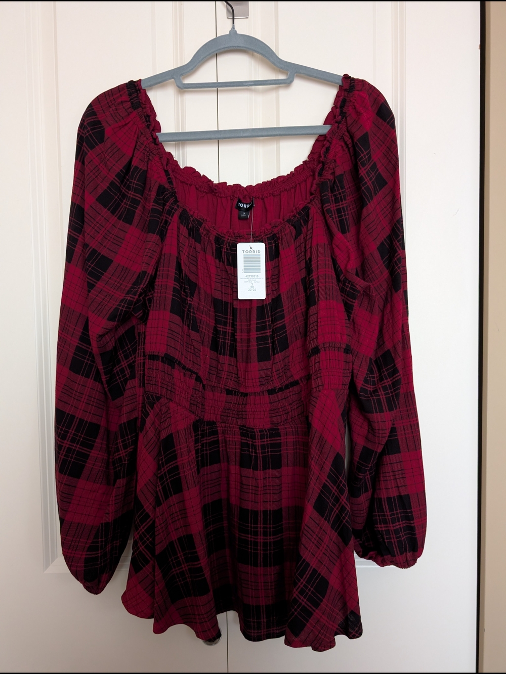 torrid Red and Black Plaid Peasant Top